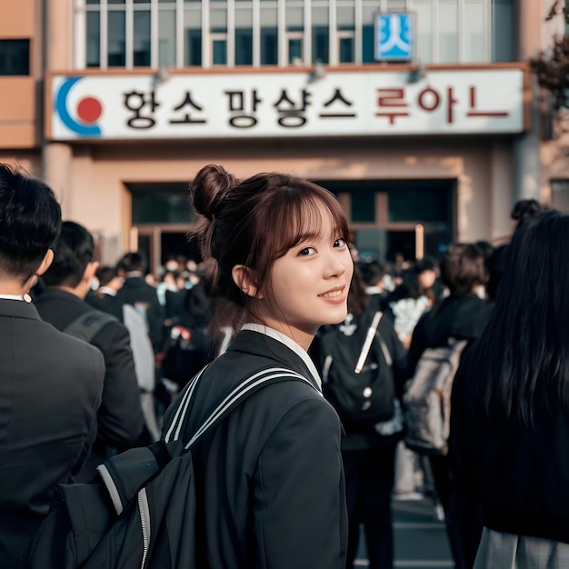 Photo a woman with a ponytail stands in front of a building with a sign that says china