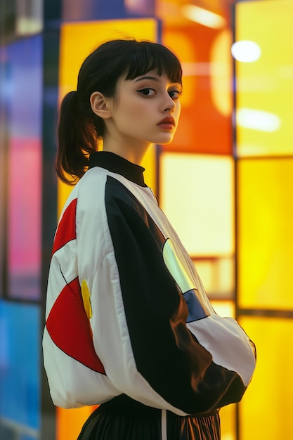 Photo a woman with a ponytail stands in front of a colorful wall