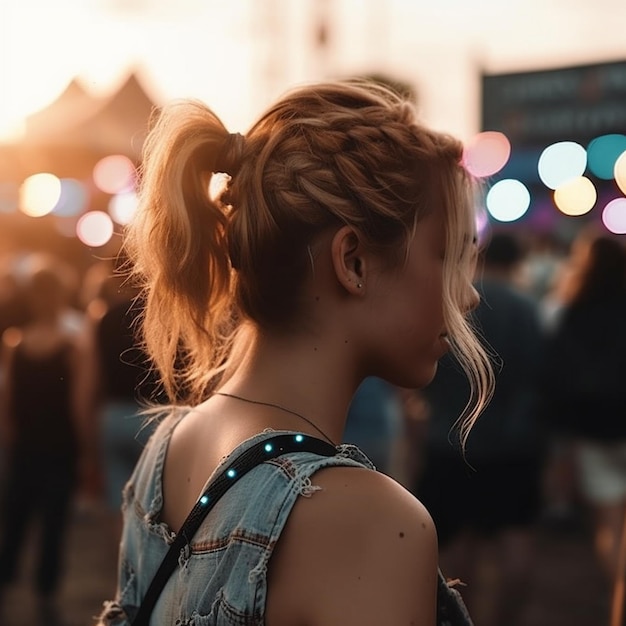 A woman with a ponytail stands in front of a sign that says'music festival '