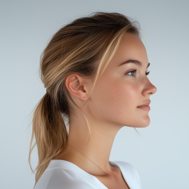 a woman with a ponytail and a white shirt with the word on it