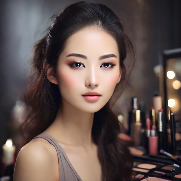 Woman with preparing makeup young asian face