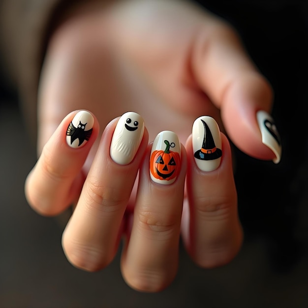 a woman with a pumpkin painted on her nails