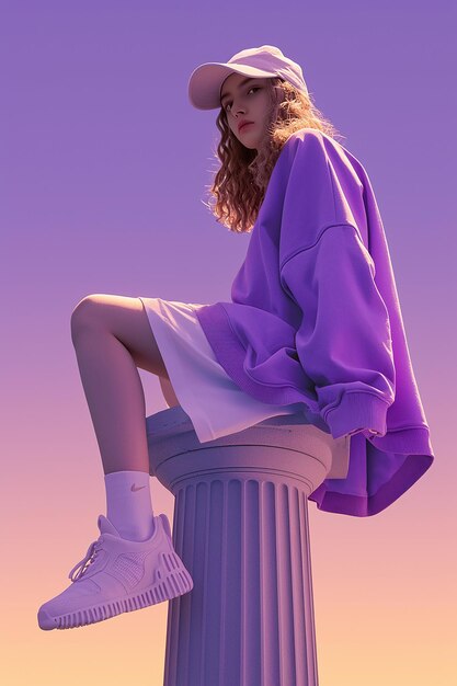 a woman with a purple dress is sitting on a column