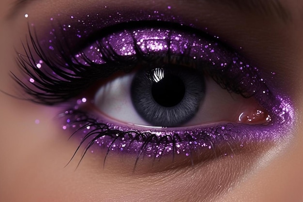 A woman with purple eyes and a purple eye with glitter on her eyes.