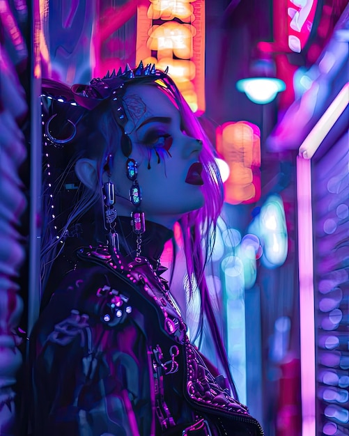 Photo a woman with a purple face and a purple headband is standing in front of a neon sign