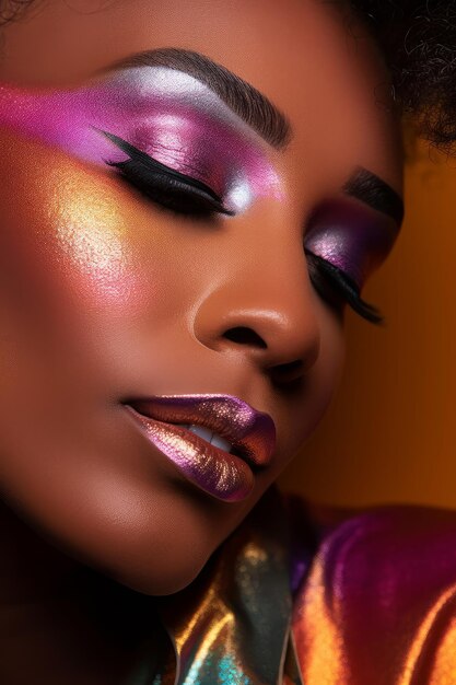 A woman with a purple and gold make up and a purple and gold eye shadow.