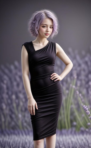 a woman with purple hair and a black dress with a hand on her hip