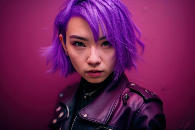 A woman with purple hair and a black jacket stands in front of a pink wall.