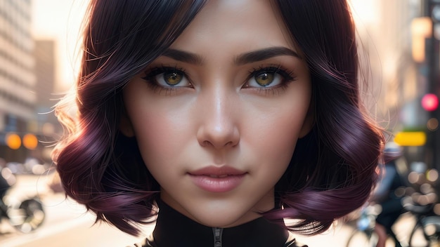 A woman with purple hair and a black top with a pink eye