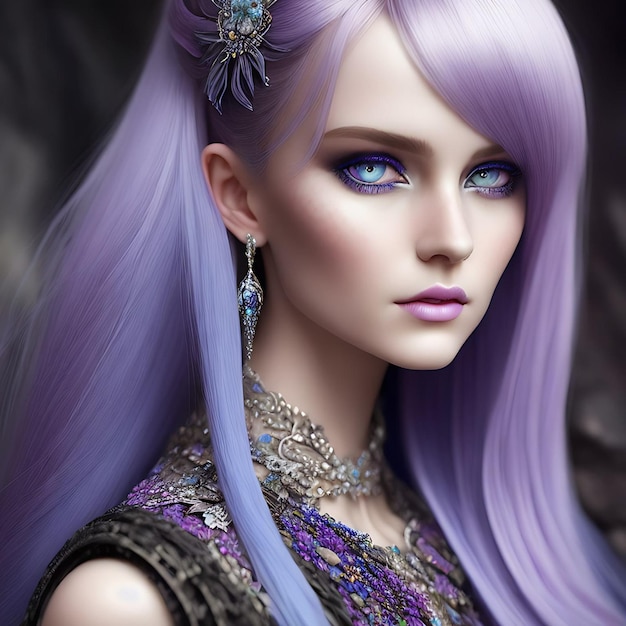 A woman with purple hair and blue eyes is wearing a necklace and earrings.