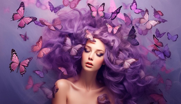 A woman with purple hair and butterflies in the background