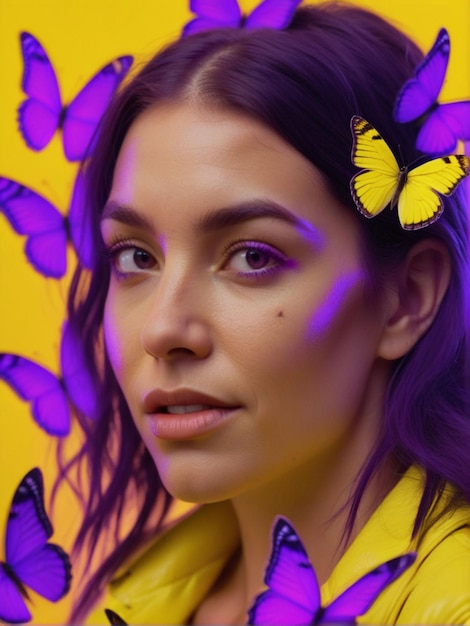 a woman with purple hair and a butterfly in her hair