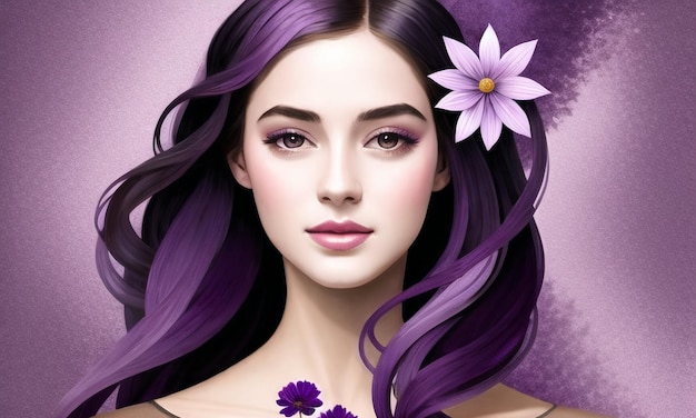 A woman with purple hair and a flower in her hair