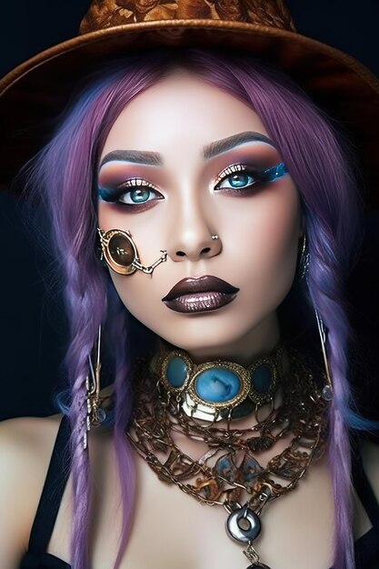 A woman with purple hair and a gold ring on her face