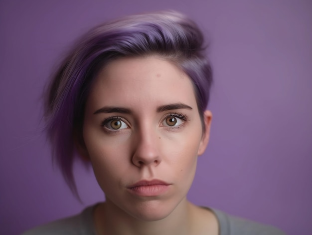 A woman with purple hair and a grey shirt is posing for a photo.