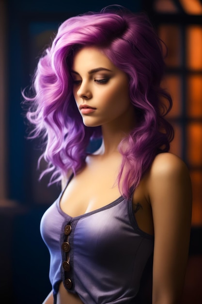 Woman with purple hair and grey tank top Generative AI