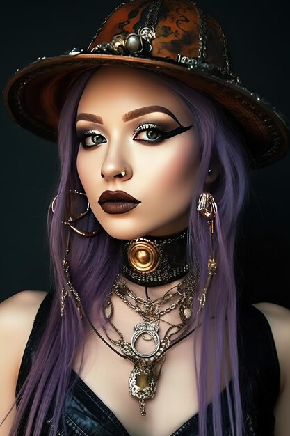 A woman with purple hair and a hat with a silver ring.