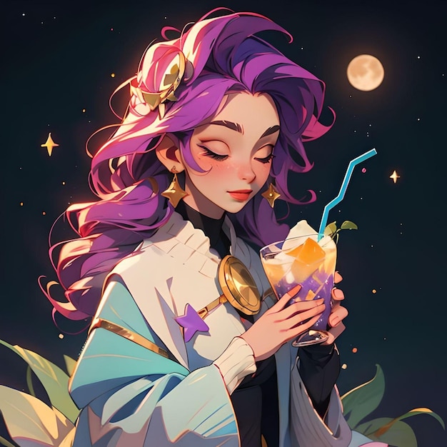 A woman with purple hair holding a drink portrait knights of zodiac girl anime girl drinks energy