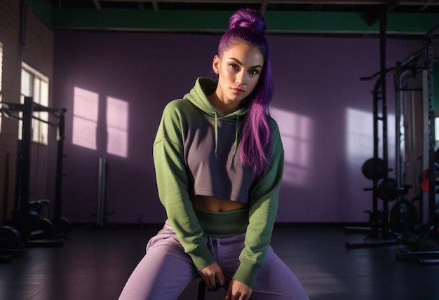 Photo a woman with purple hair is doing a squat with a bar in the background