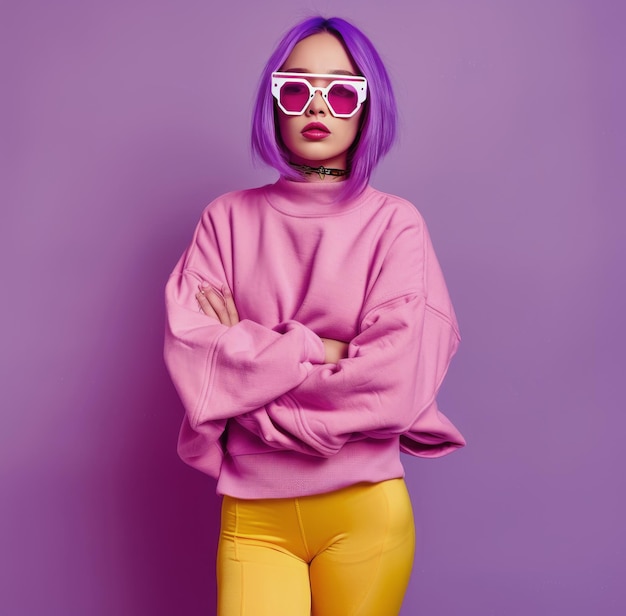 Photo woman with purple hair in purple top and yellow tights