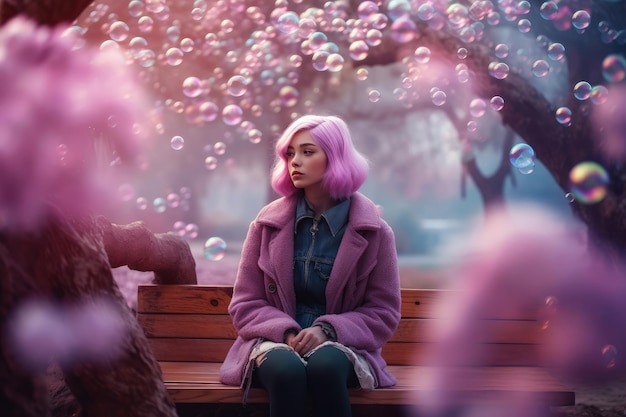 A woman with purple hair sits on a bench in front of a pink background with a pink background.