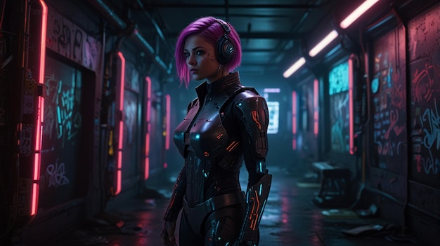 a woman with purple hair stands in a dark room with a neon sign that says quot purple quot