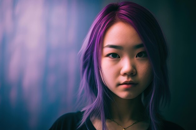 A woman with purple hair stands in front of a purple background.