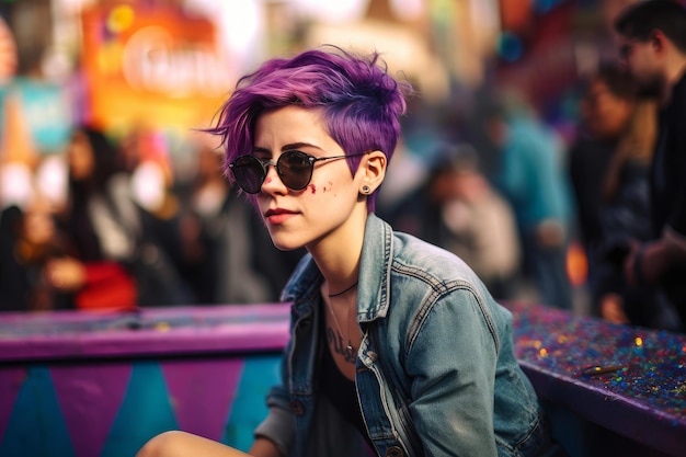 A woman with purple hair and sunglasses sits in front of a sign that says'rainbow '