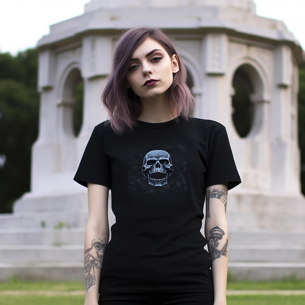 a woman with purple hair wearing a black shirt with a skull on the front.