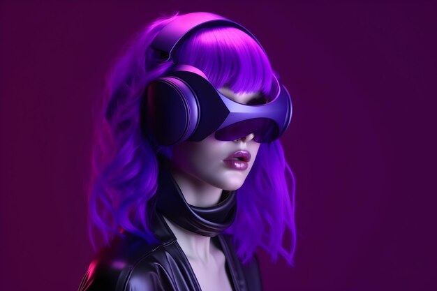 A woman with purple hair wearing a virtual reality headset