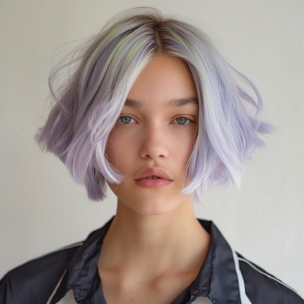 a woman with purple hair and a white and black jacket with a white stripe on the front