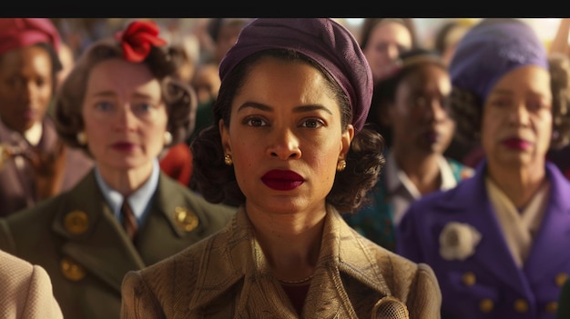 a woman with a purple hat is standing in front of a group of people