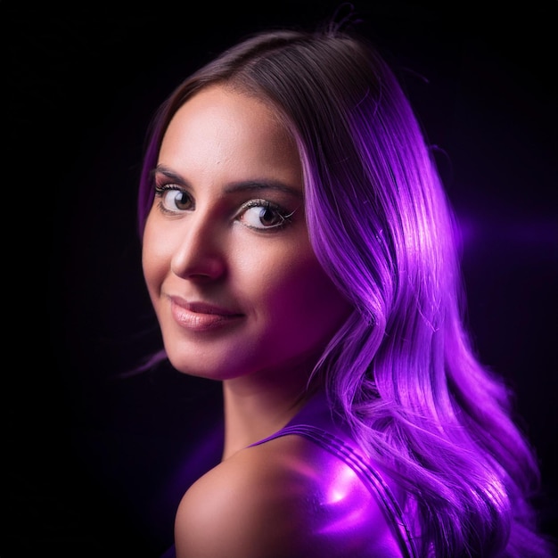 a woman with a purple light on her face is posing for a photo