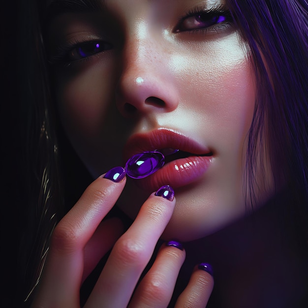 Photo a woman with purple nails holding a purple object in her hand