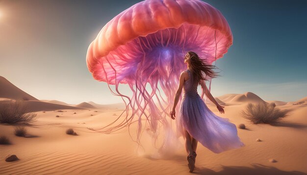 a woman with a purple octopus on her head walking in the desert