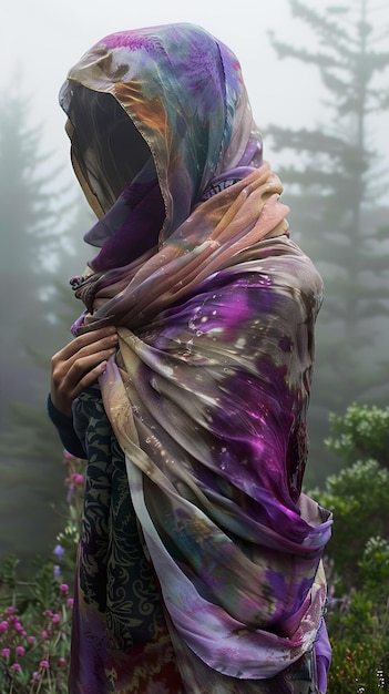 a woman with a purple and purple scarf is standing in front of trees