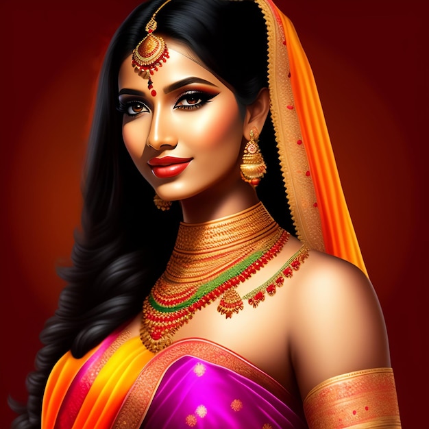 A woman with a purple saree and gold jewelry