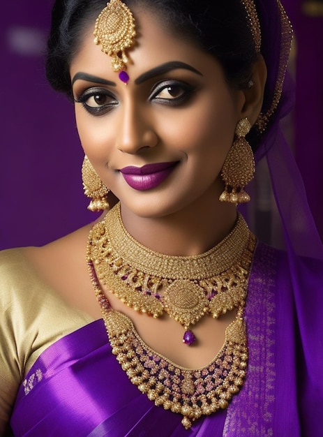 A woman with a purple saree and gold jewelry