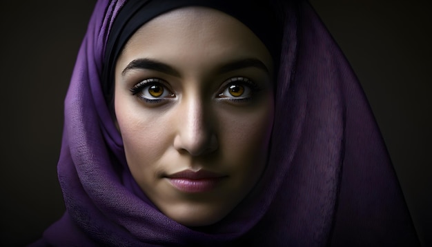 A woman with a purple scarf on her head