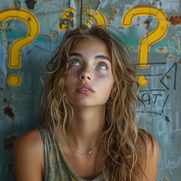 a woman with question marks on her face stands in front of a graffiti wall