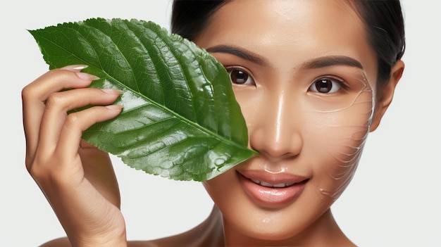 Woman with radiant skin holding a large green leaf on white background for cosmetic promotion