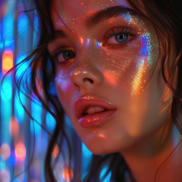 Photo a woman with a rainbow colored face and a bright light behind her