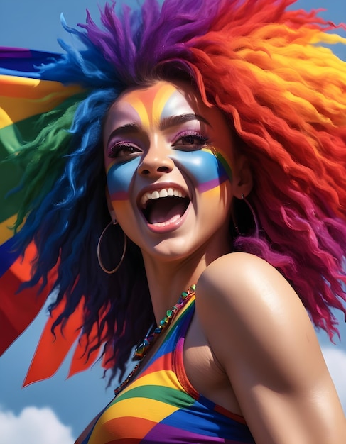 a woman with a rainbow colored hair and a rainbow colored shirt