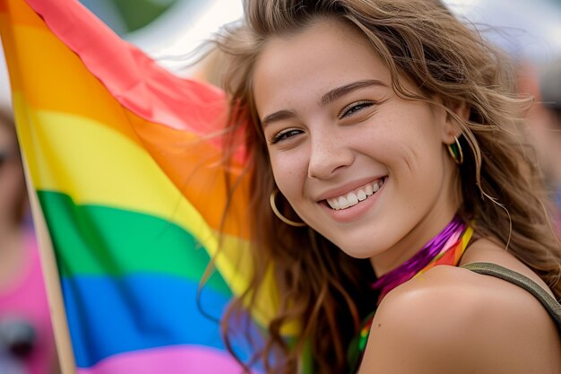 a woman with a rainbow colored ribbon around her neck