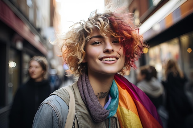 Photo a woman with a rainbow colored scarf on her neck