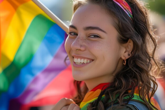 Photo a woman with a rainbow flag in her hair