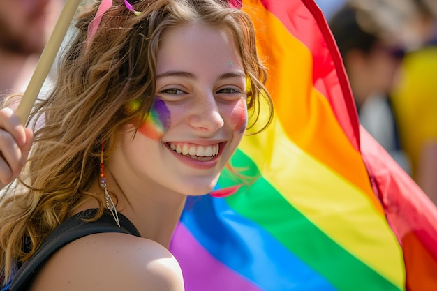 a woman with a rainbow flag on her head