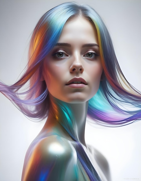 a woman with rainbow hair is standing in front of a drawing of a woman with colorful hair