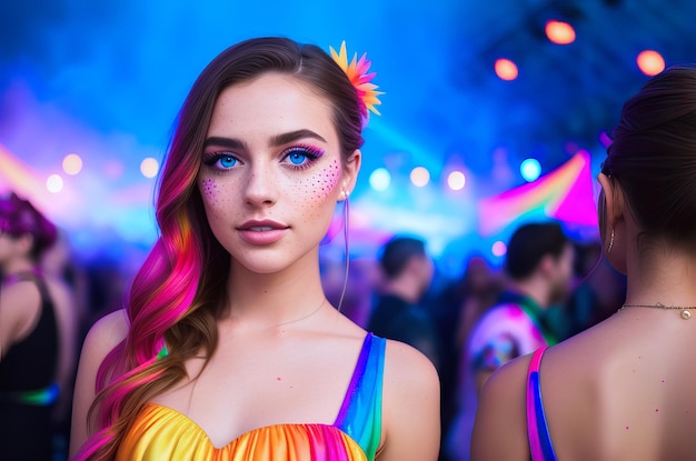 A woman with rainbow hair stands in front of a disco club.