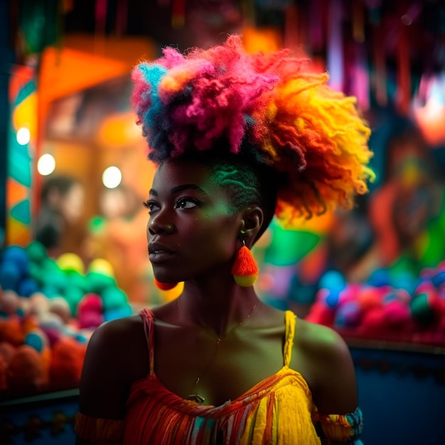 A woman with a rainbow hair style stands in front of a store full of colorful beads